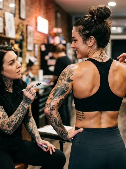Woman consulting with tattoo artist about spine placement for botanical design in studio setting
