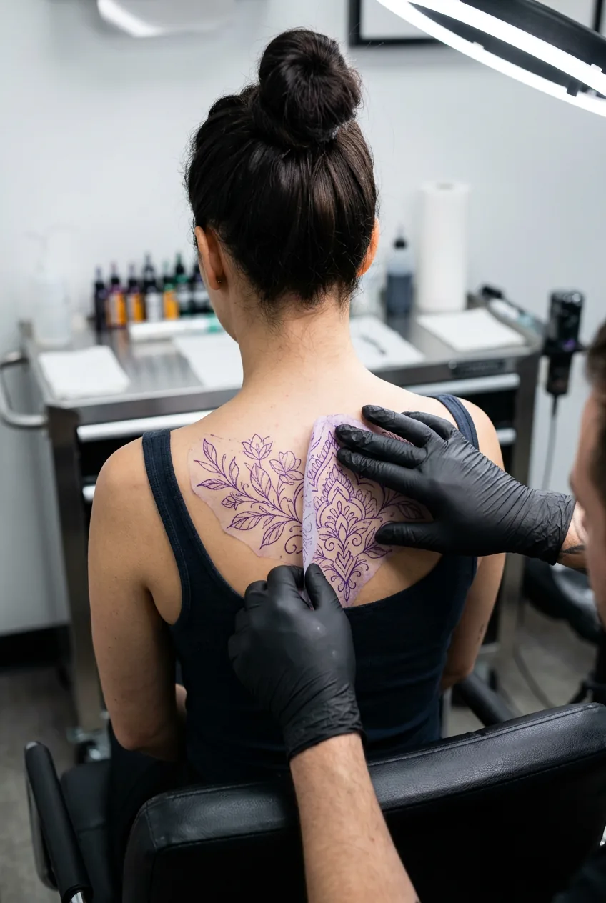 Close-up view of purple stencil being positioned on woman's upper back by gloved hands in preparation for tattooing