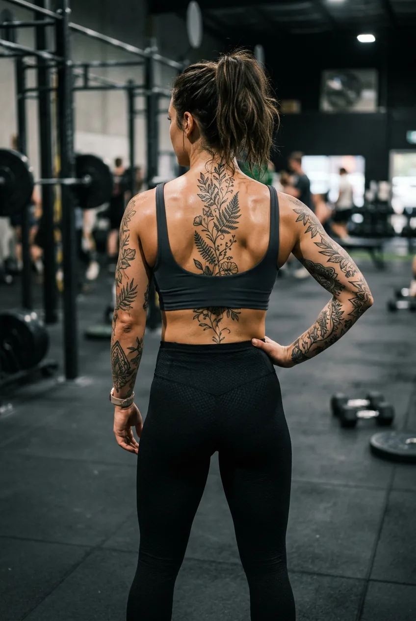 Woman standing confidently displaying spine tattoo that emphasizes her strong posture