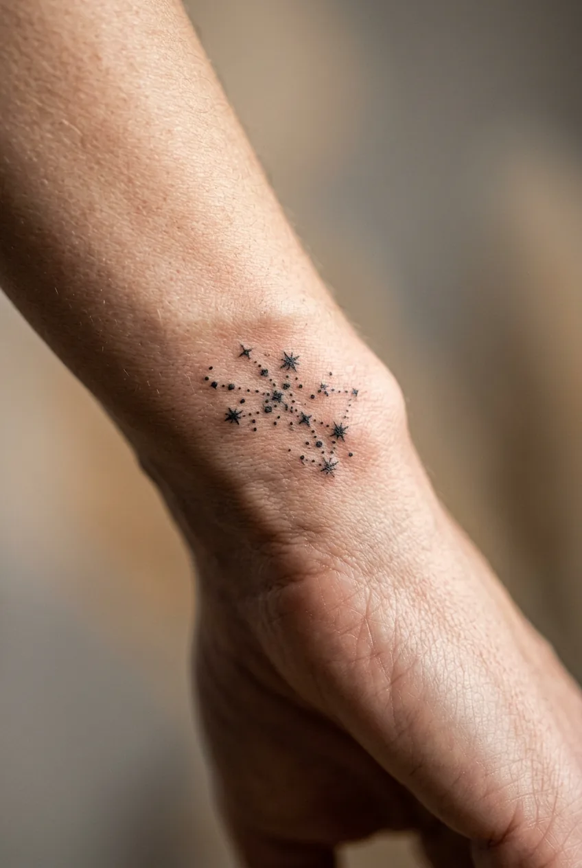 Macro shot of tiny star cluster tattoo on raised wrist bone styloid process catching directional studio light