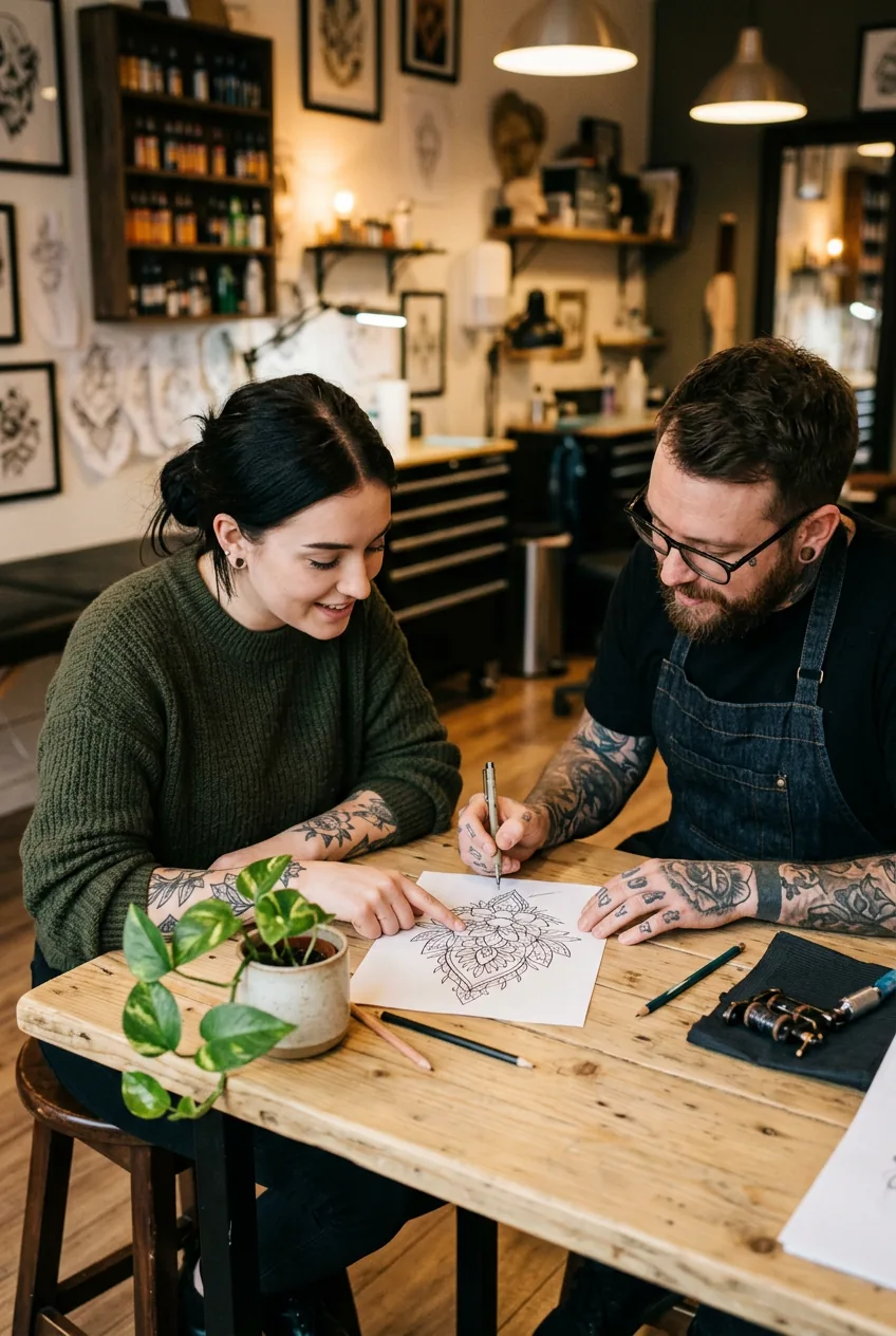 Woman and tattoo artist both leaning over a stencil sketch on a wooden table in an intimate creative studio moment