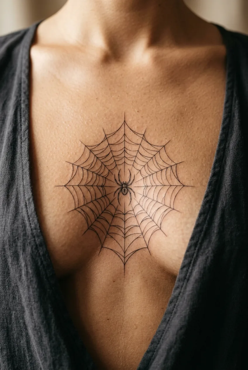 Symmetrical fine line spider web tattoo centered on a woman's sternum extending outward with soft overhead studio lighting