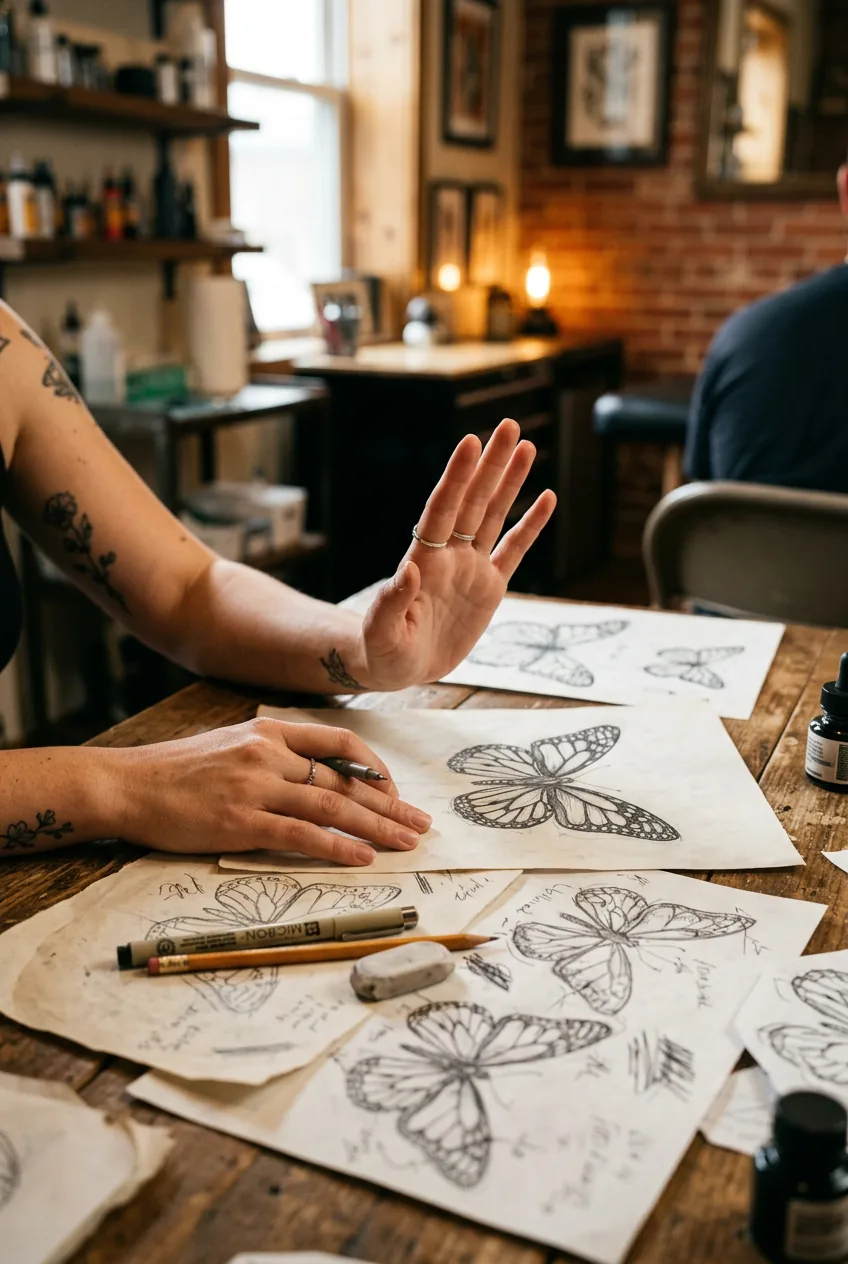 Woman's hands making stop gesture over multiple butterfly design sketches spread on table