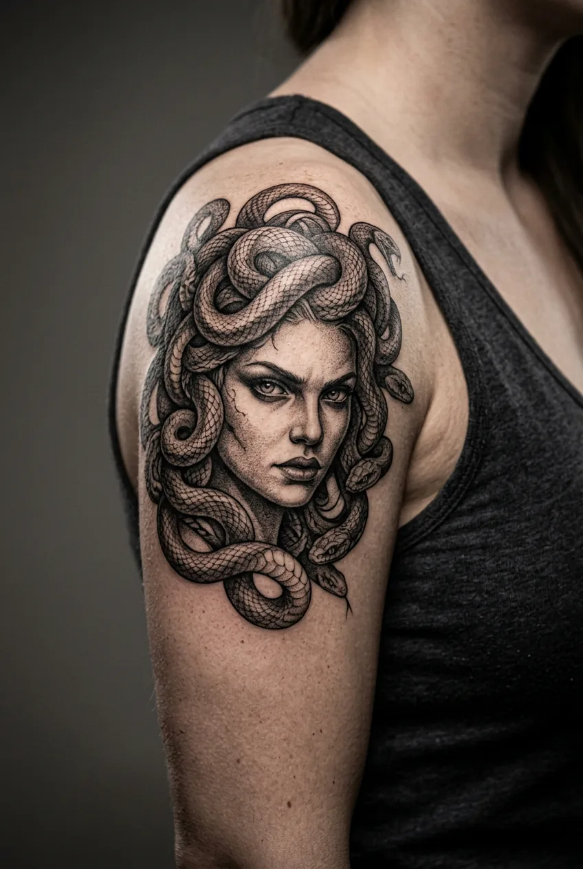 Striking Medusa shoulder tattoo with intense gaze and detailed snake hair positioned naturally on woman's shoulder