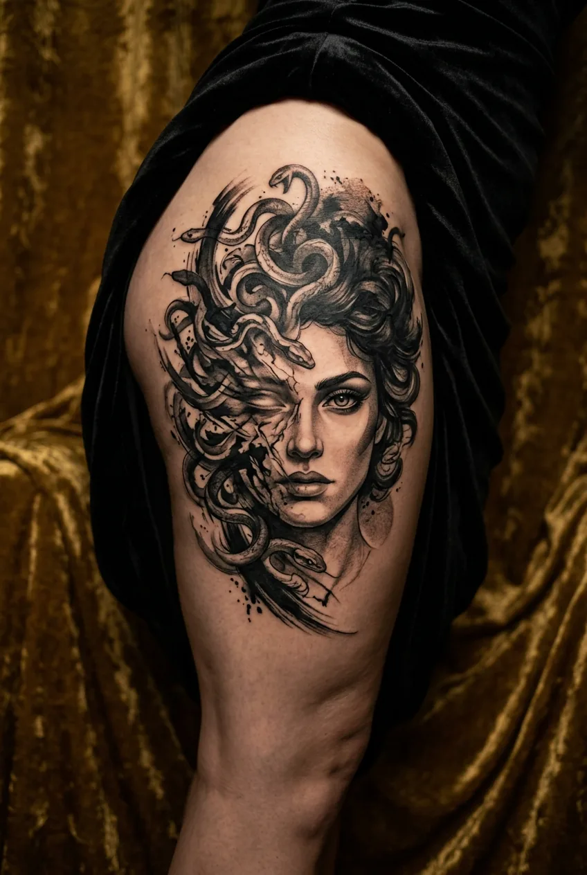 Surrealist Medusa tattoo dissolving into abstract snakes and brushstroke texture on thigh against deep gold velvet