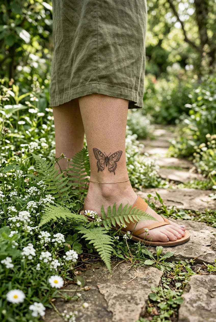 Woman's ankle with a delicate fine-line Swallowtail butterfly tattoo beside white wildflowers and fern fronds on stone