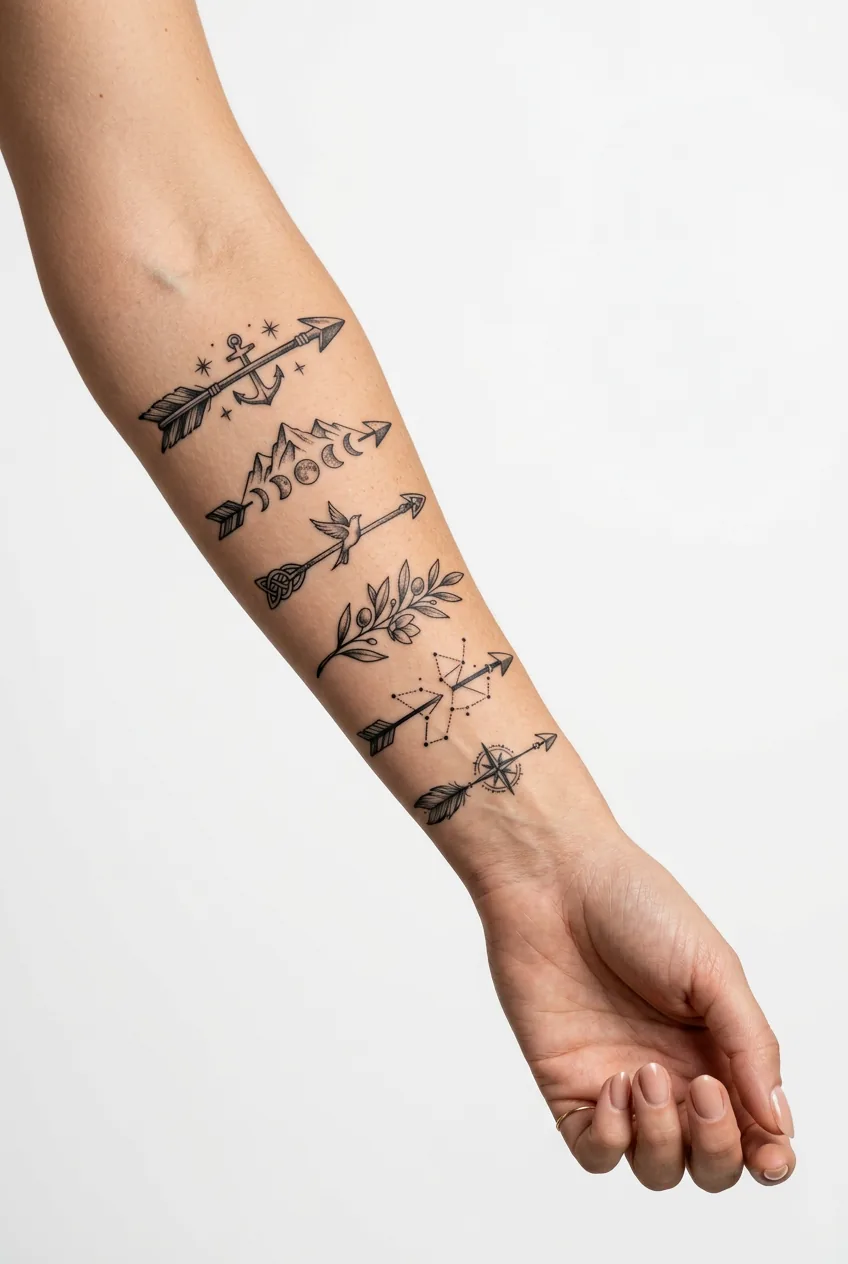 Woman's forearm showing multiple symbolic arrow tattoos evolving from simple to ornate designs
