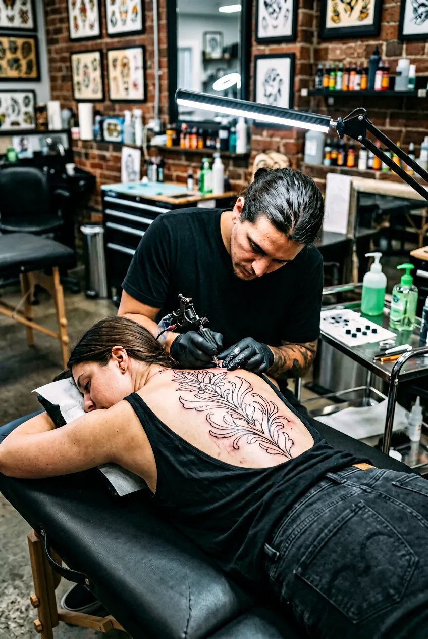 Tattoo machine creating bold outline strokes on spine while woman lies face down under bright task lighting