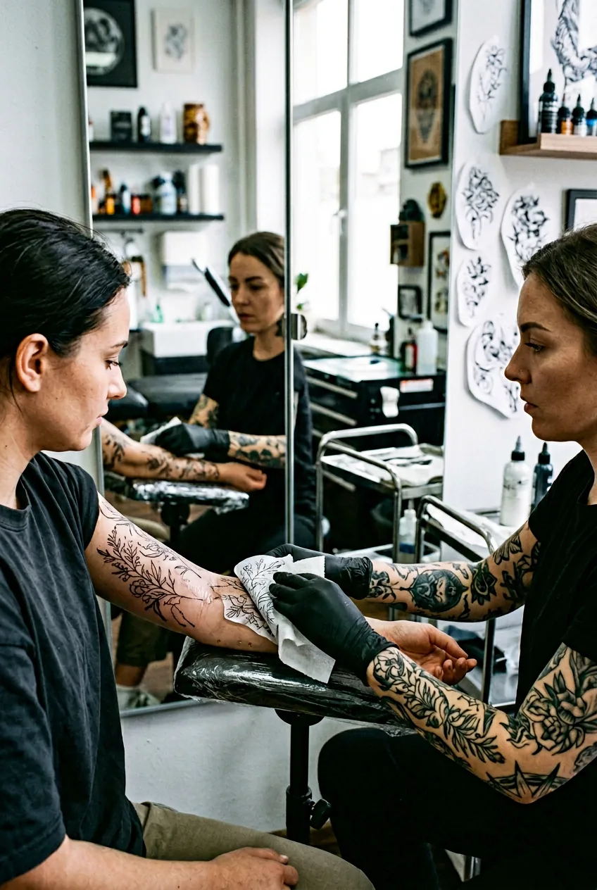 Tattoo artist and client viewing a forearm stencil placement together in a large mirror in a professional tattoo studio