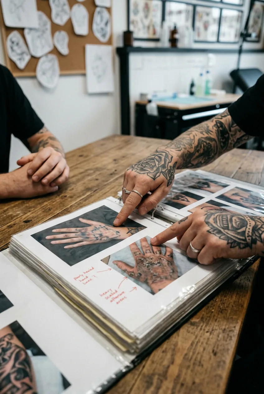 Tattoo artist's hands pointing at examples of poorly healed hand tattoos in consultation reference binder