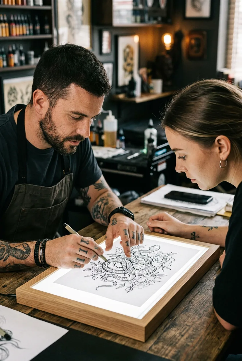 Tattoo artist and female client examining a detailed snake tattoo reference sketch together over a lightbox in studio