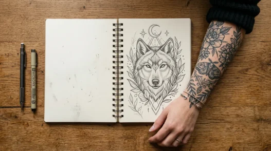 Overhead view of open tattoo sketchbook with wing designs beside woman's tattooed arm and drawing tools on wooden surface