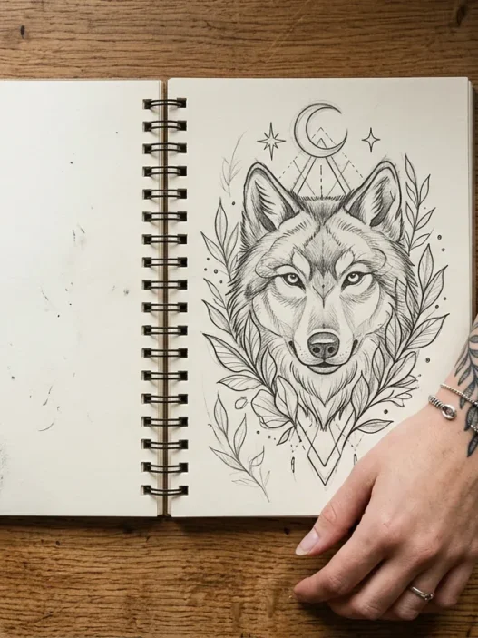 Overhead view of open tattoo sketchbook with wing designs beside woman's tattooed arm and drawing tools on wooden surface