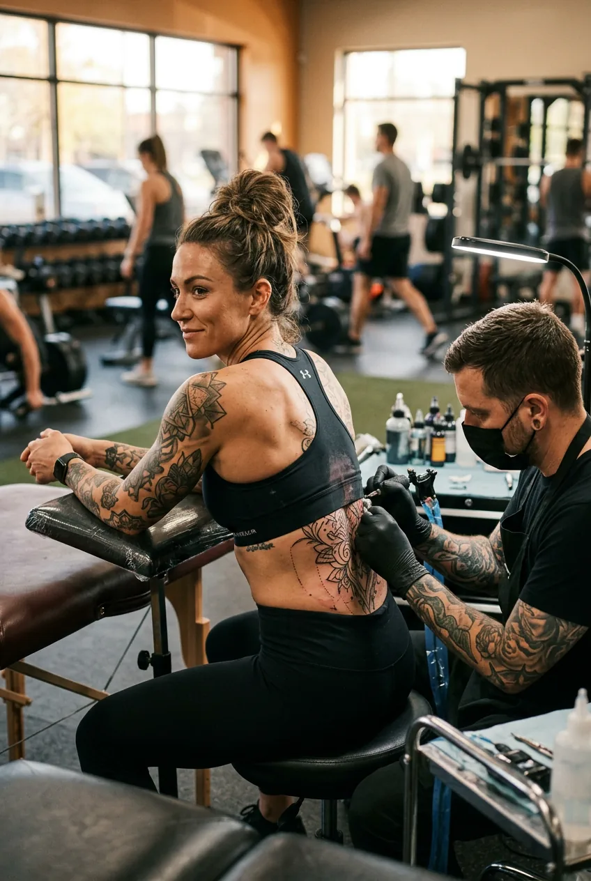 Tattoo artist working on woman's spine tattoo during session with needle and ink
