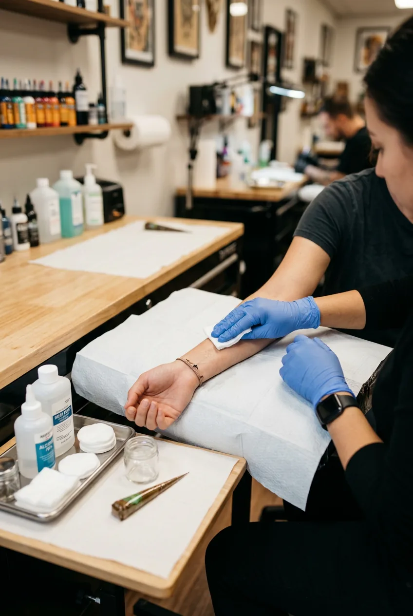 Woman's forearm being cleaned and prepped by gloved tattoo artist in sterile studio environment