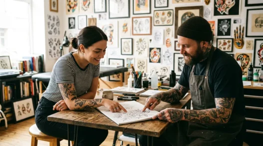 Woman sitting across from tattoo artist at bright studio table discussing a tattoo sketch with art prints on the walls