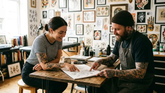Woman sitting across from tattoo artist at bright studio table discussing a tattoo sketch with art prints on the walls