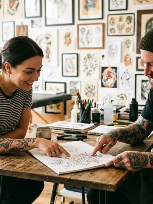 Woman sitting across from tattoo artist at bright studio table discussing a tattoo sketch with art prints on the walls