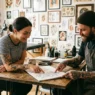 Woman sitting across from tattoo artist at bright studio table discussing a tattoo sketch with art prints on the walls