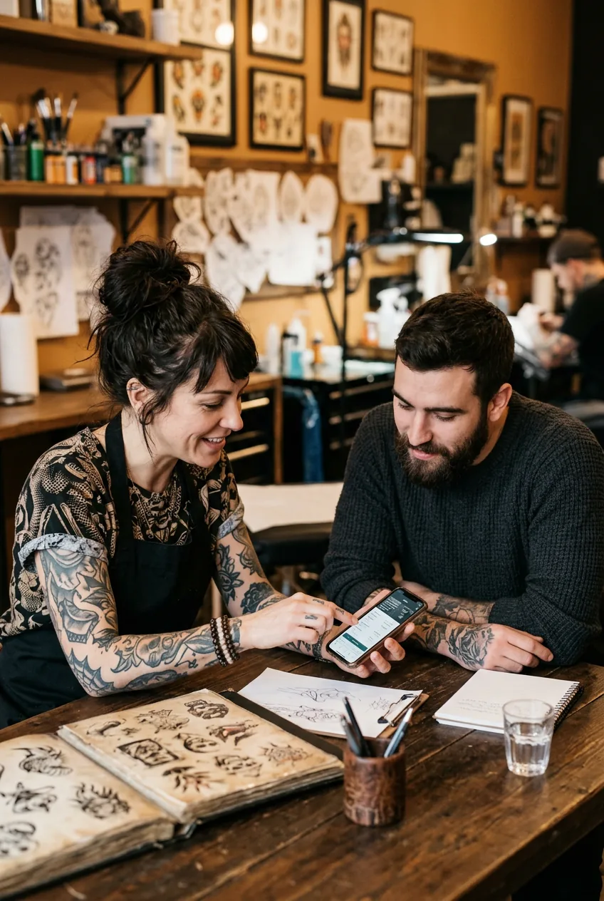 Tattoo artist showing pricing on a phone to a client at a studio consultation table under warm amber lighting