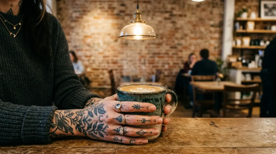 Woman's tattooed hands wrapped around ceramic coffee cup in trendy cafe with warm lighting and brick background