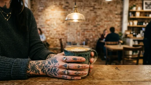 Woman's tattooed hands wrapped around ceramic coffee cup in trendy cafe with warm lighting and brick background