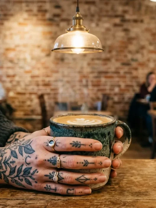 Woman's tattooed hands wrapped around ceramic coffee cup in trendy cafe with warm lighting and brick background