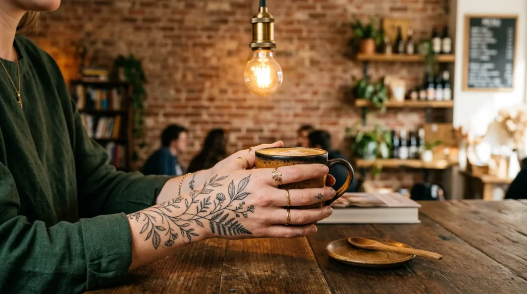 Woman's tattooed hand wrapped around a ceramic coffee cup in a café with warm pendant lighting and blurred brick wall