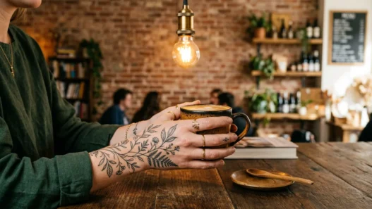 Woman's tattooed hand wrapped around a ceramic coffee cup in a café with warm pendant lighting and blurred brick wall