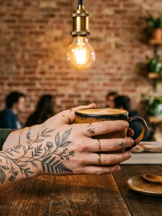 Woman's tattooed hand wrapped around a ceramic coffee cup in a café with warm pendant lighting and blurred brick wall