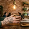 Woman's tattooed hand wrapped around a ceramic coffee cup in a café with warm pendant lighting and blurred brick wall