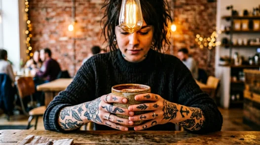 Woman's tattooed hands wrapped around ceramic coffee cup in trendy cafe with warm lighting