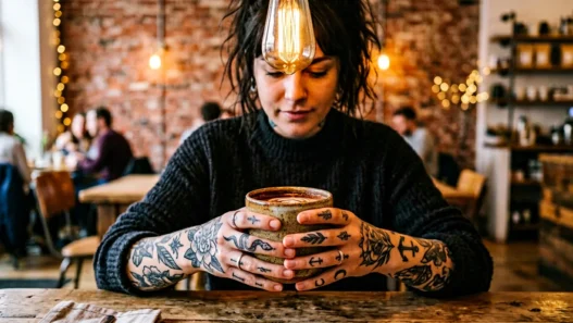 Woman's tattooed hands wrapped around ceramic coffee cup in trendy cafe with warm lighting