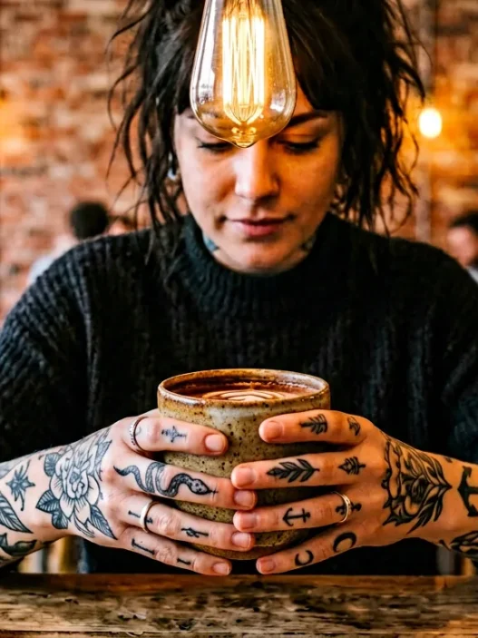 Woman's tattooed hands wrapped around ceramic coffee cup in trendy cafe with warm lighting