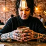 Woman's tattooed hands wrapped around ceramic coffee cup in trendy cafe with warm lighting
