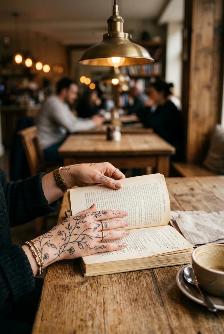 Woman's tattooed hands turning pages of an open book at a wooden café table under warm pendant lighting