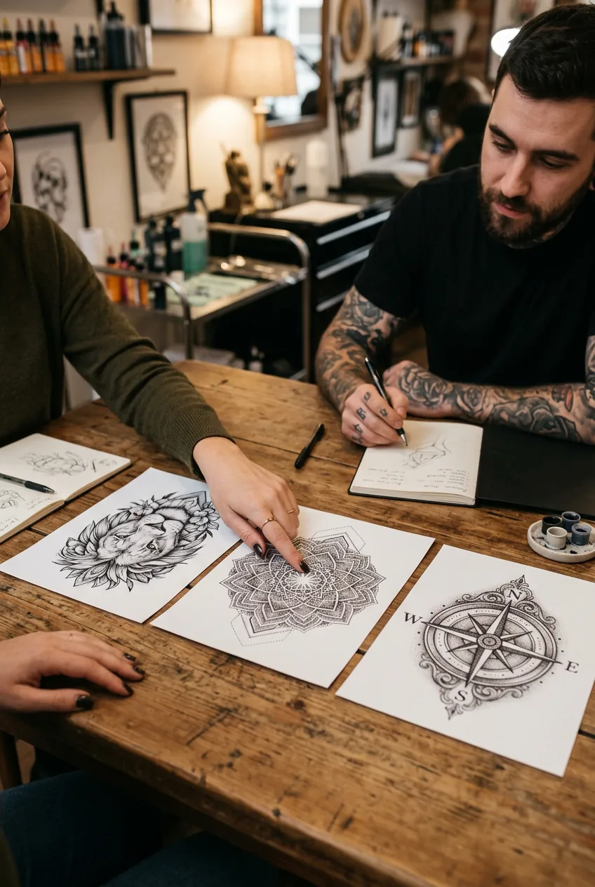 Three reference photos arranged on table with woman's hand indicating specific design details