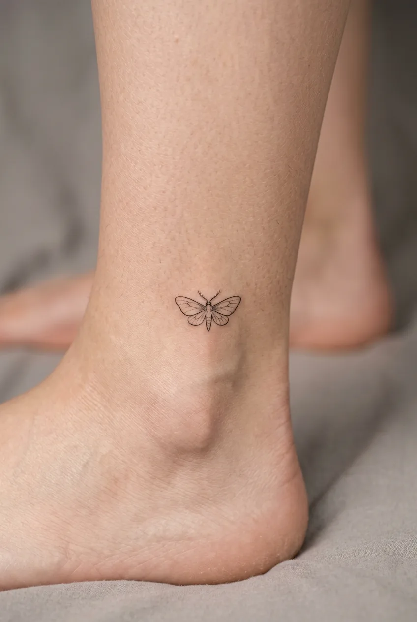 Tiny minimalist moth tattoo smaller than a thumbnail on a woman's inner ankle with deliberate negative space between fine strokes