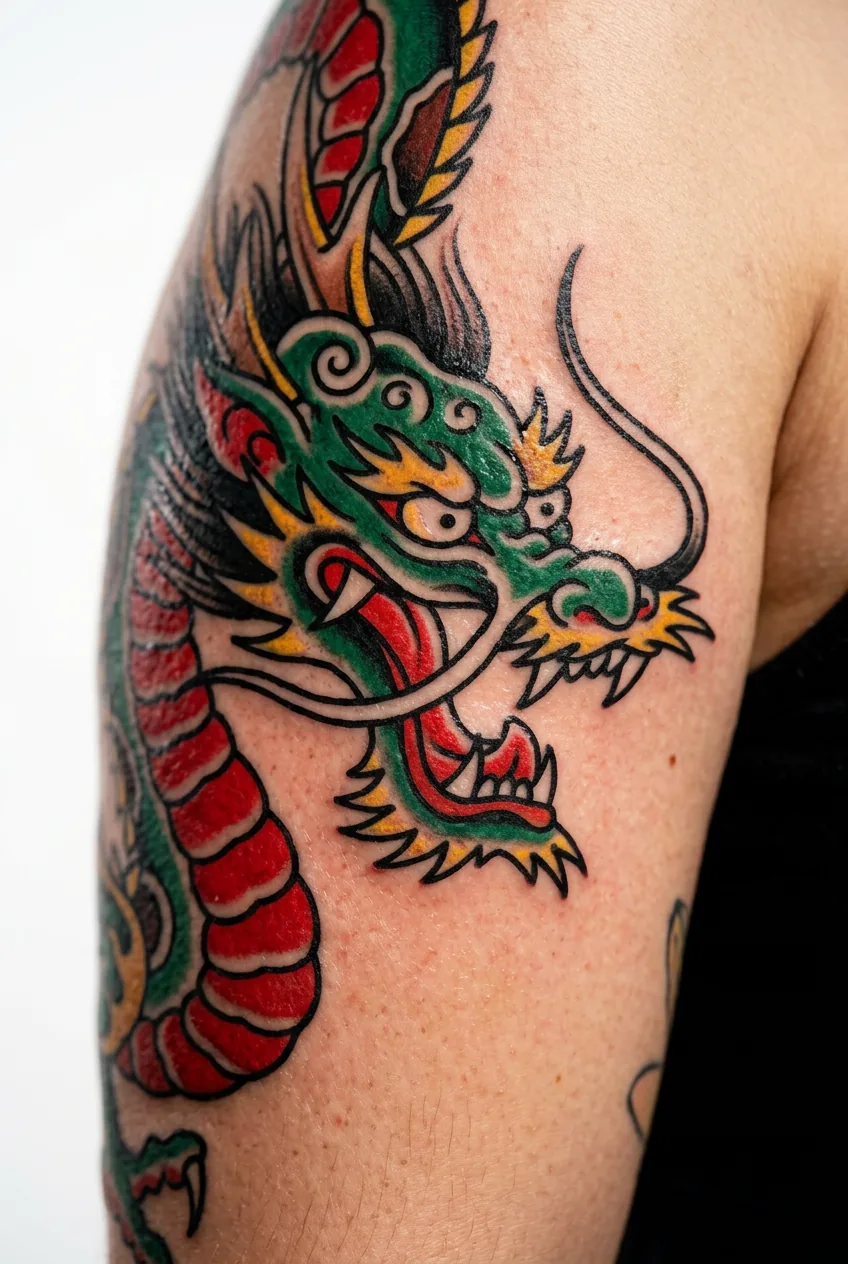 Traditional style dragon tattoo on upper arm with bold black outlines and solid red green color fills