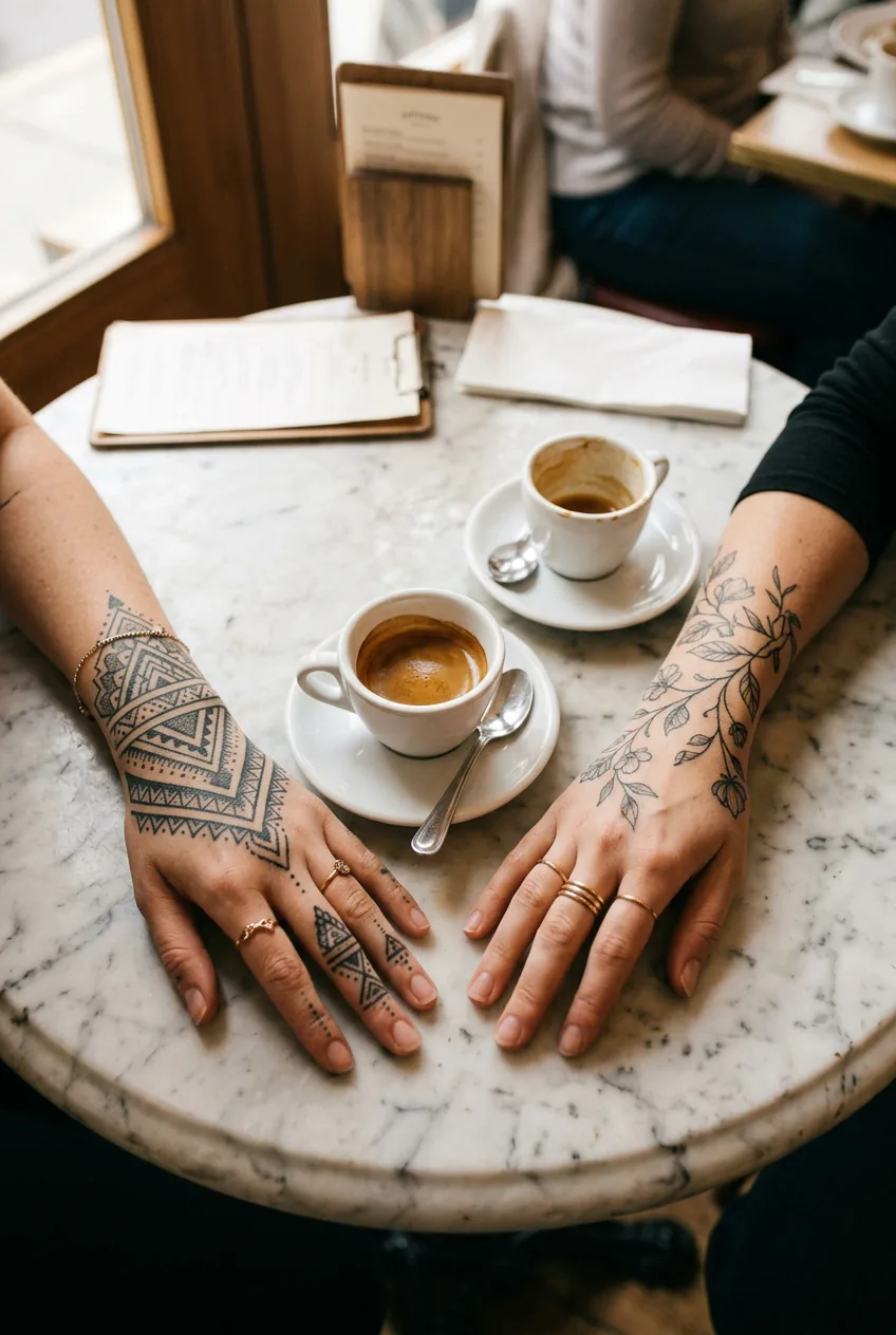 Overhead view of two women's tattooed hands resting beside espresso cups on a marble café table