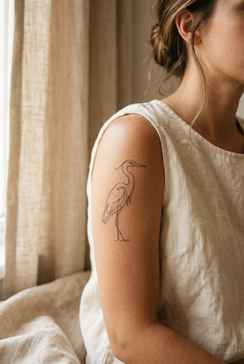 Close-up of outer upper arm with a single continuous-line heron silhouette tattoo in warm natural window light