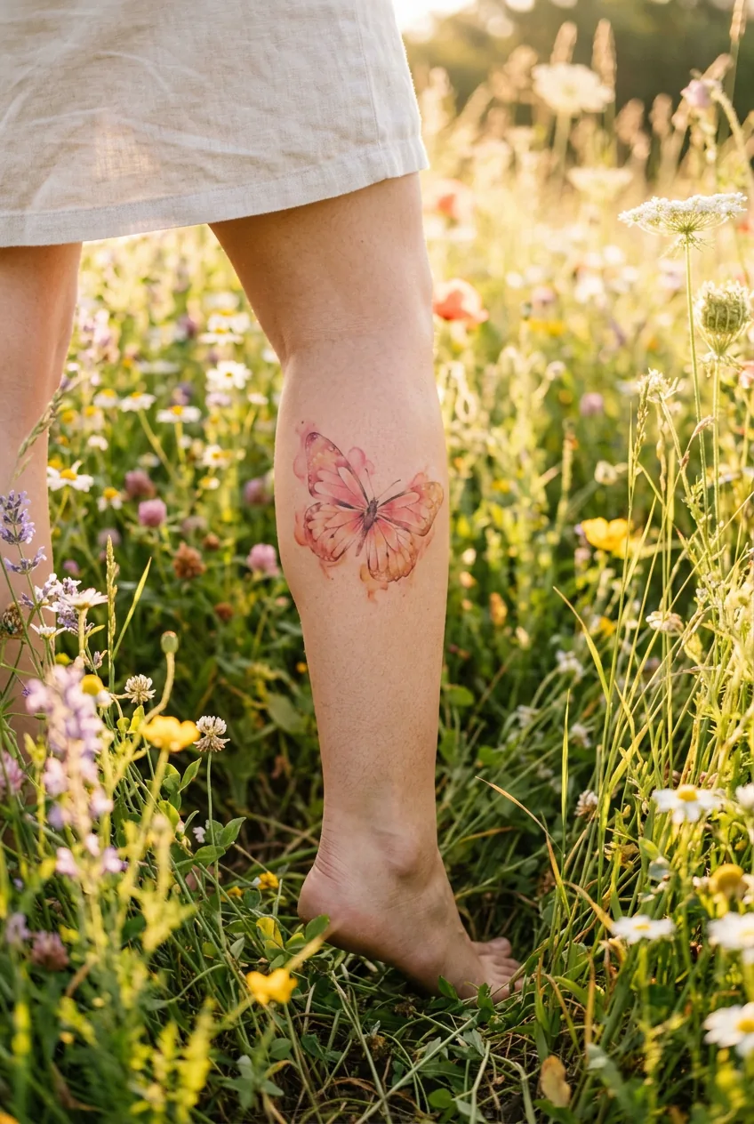 Woman's calf with a watercolor butterfly tattoo in pink coral and gold washes surrounded by wildflowers in golden hour light