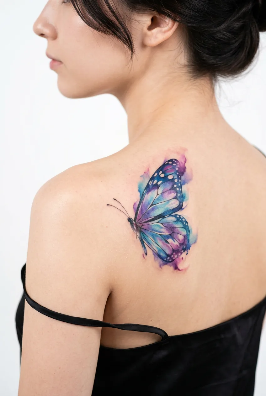 Woman with watercolor butterfly wing tattoo on shoulder blade featuring bleeding blue and purple colors