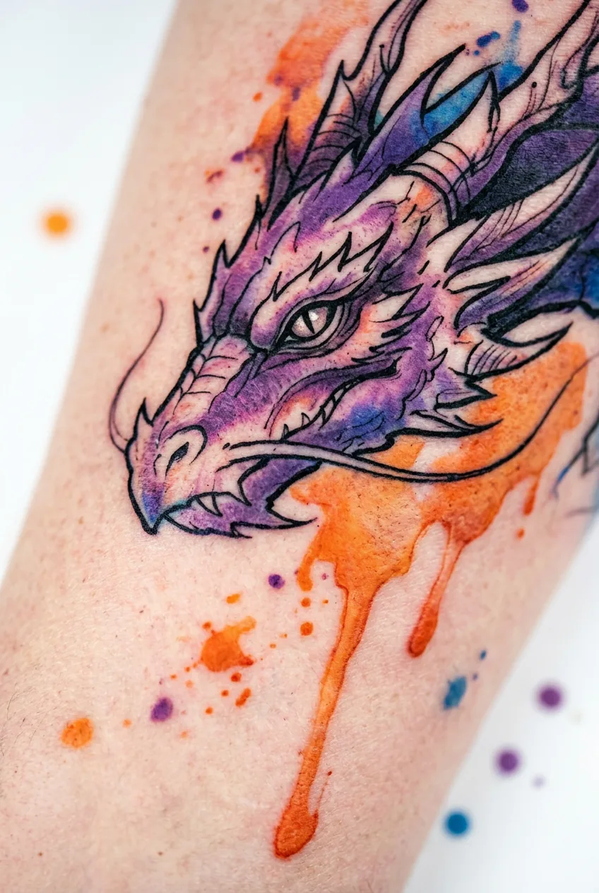 Watercolor dragon tattoo on upper back with vibrant purple blue washes and fiery orange gradients