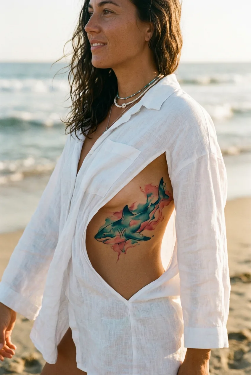 Woman's ribcage visible through linen shirt at beach showing a watercolor shark tattoo in teal, blue and coral ink bleeding outward