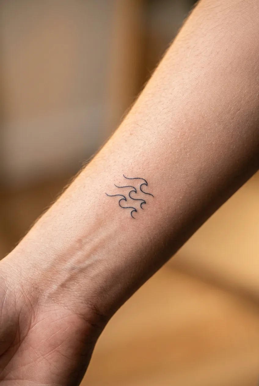Healed fine-line wave-form tattoo on woman's inner forearm with soft ink edges settled into warm-lit skin texture