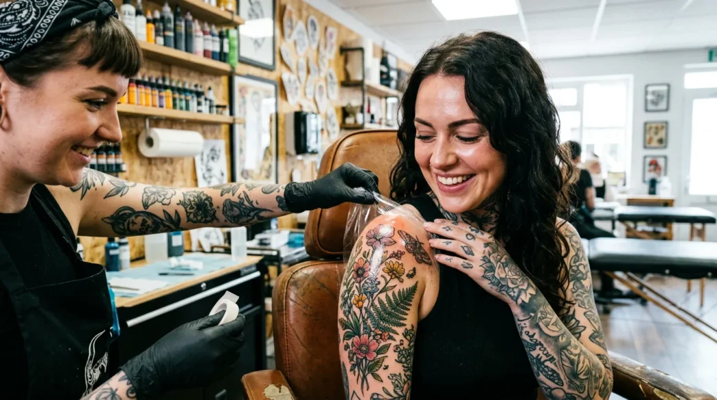 Woman with delighted expression looking down at fresh tattoo on shoulder while artist adjusts wrapping in bright studio