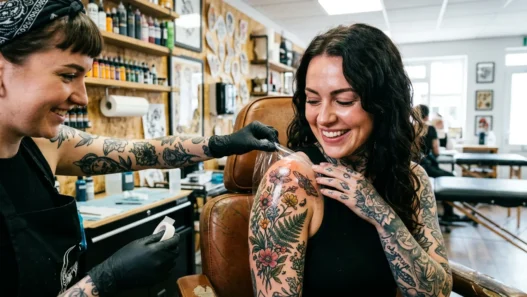 Woman with delighted expression looking down at fresh tattoo on shoulder while artist adjusts wrapping in bright studio