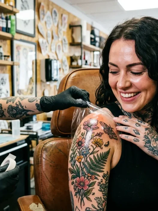 Woman with delighted expression looking down at fresh tattoo on shoulder while artist adjusts wrapping in bright studio
