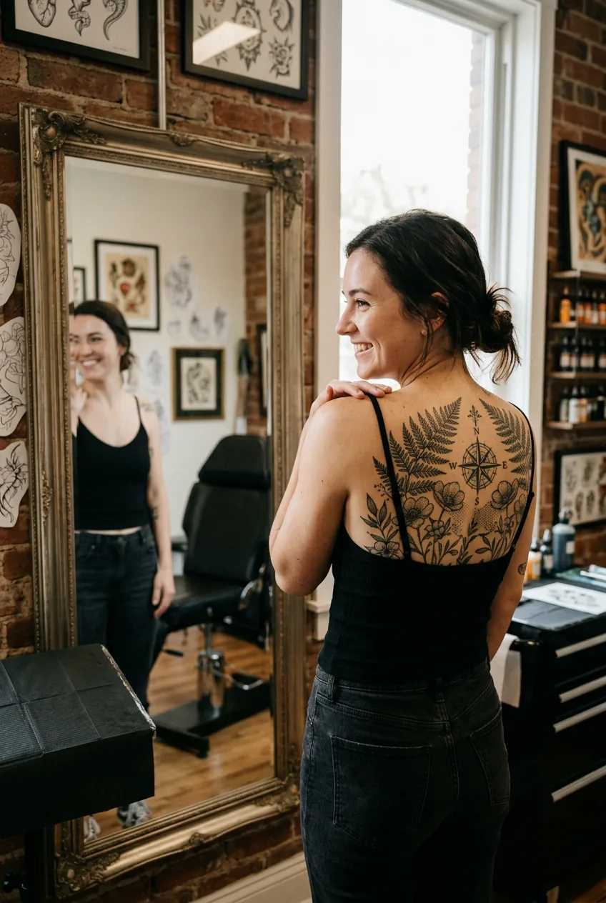 Woman admiring her completed back tattoo in full-length mirror with genuine satisfied smile in natural light